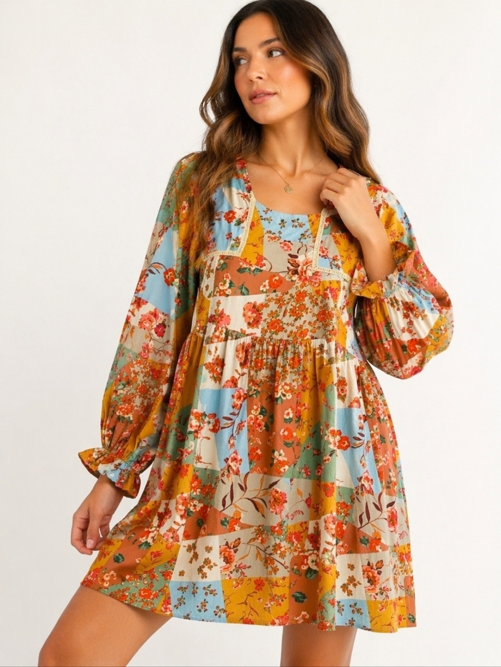 Umgee Floral Patchwork Babydoll Dress Small Boho Cottagecore Long Sleeve NWT